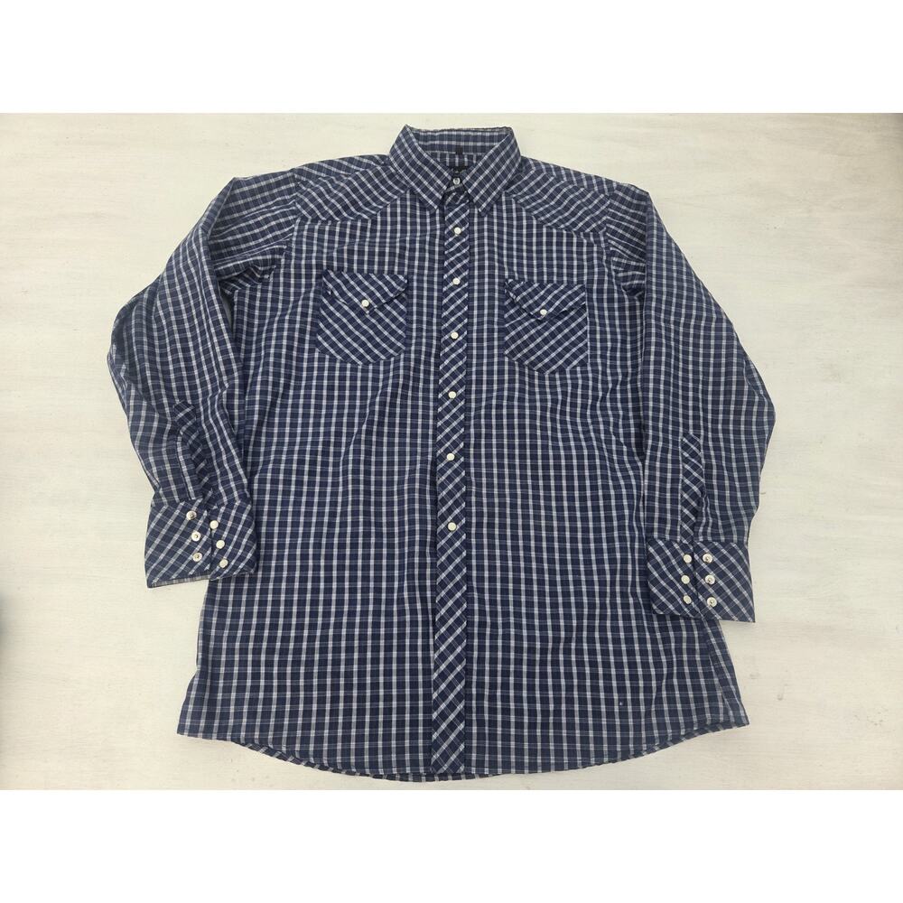 Vtg White Horse Pearl Snap Shirt Mens L Blue Plaid Long Sleeve Western Cowboy